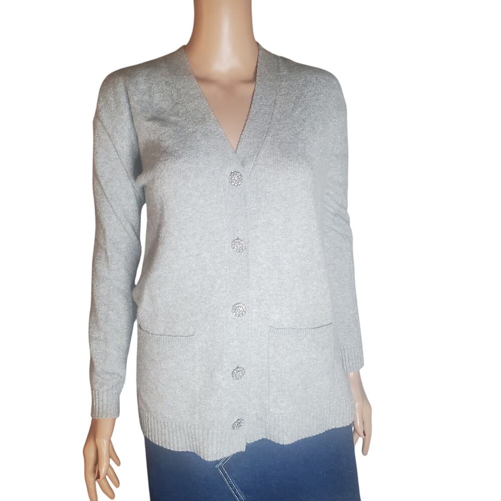 Talbots PP Petite XS Silver Metallic Cardigan Sweater with Rhinestone Buttons